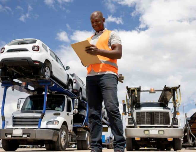 man checking clipboard with car haulers in the background