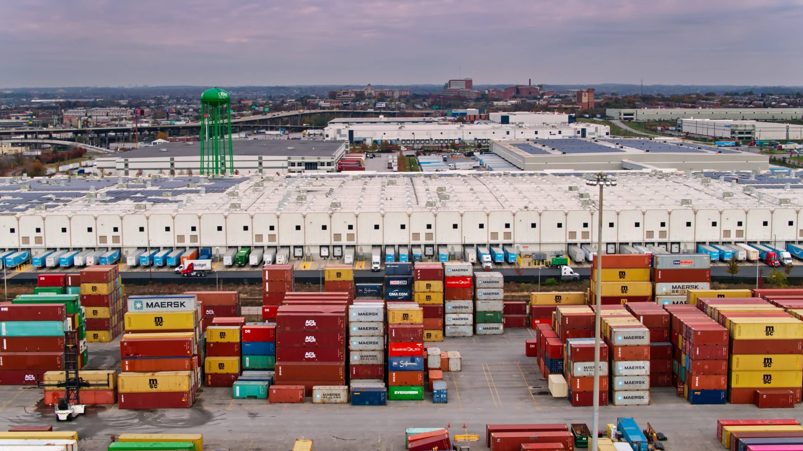 aerial shot of shipping container yard