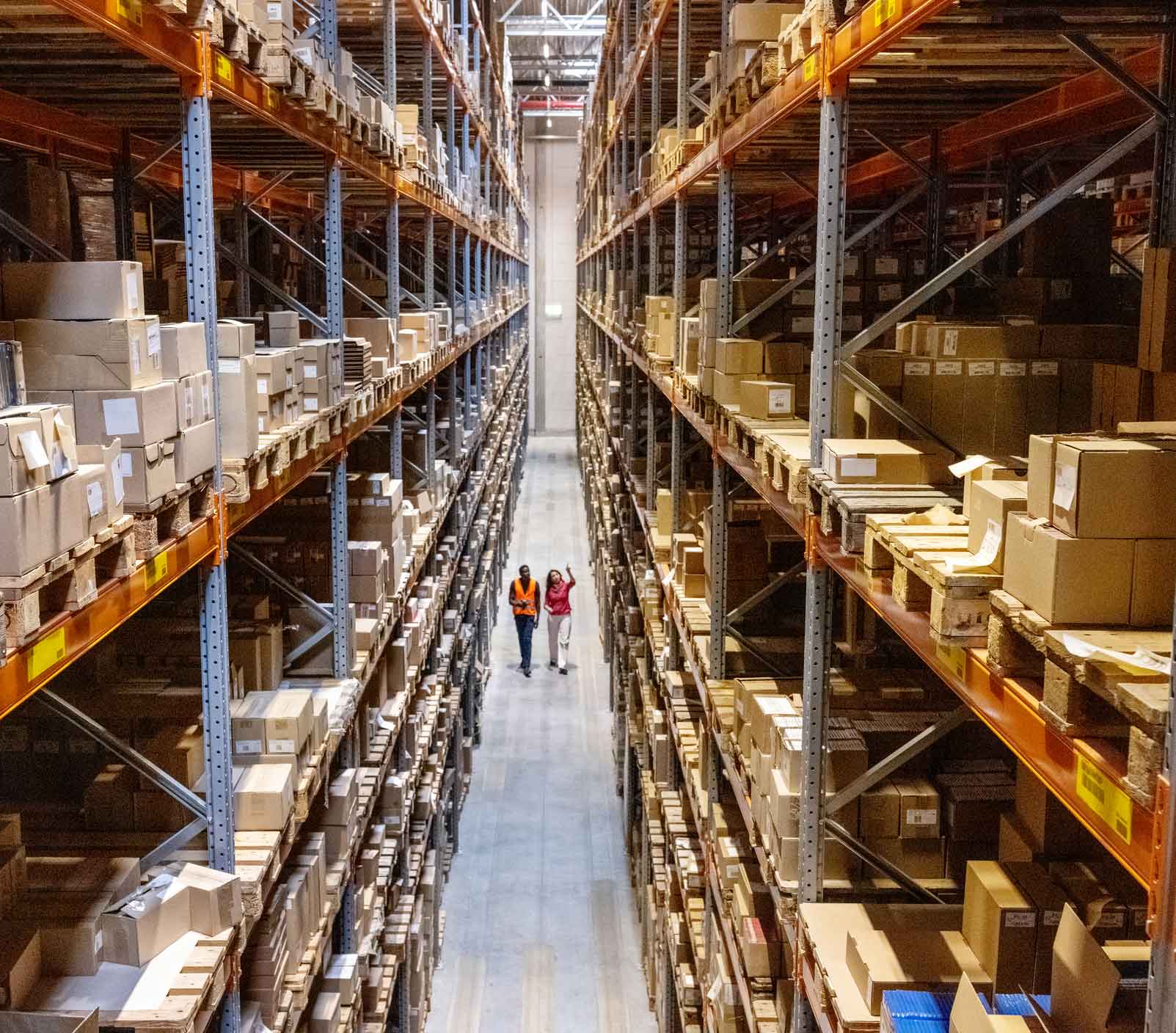 two workers looking at warehouse racks
