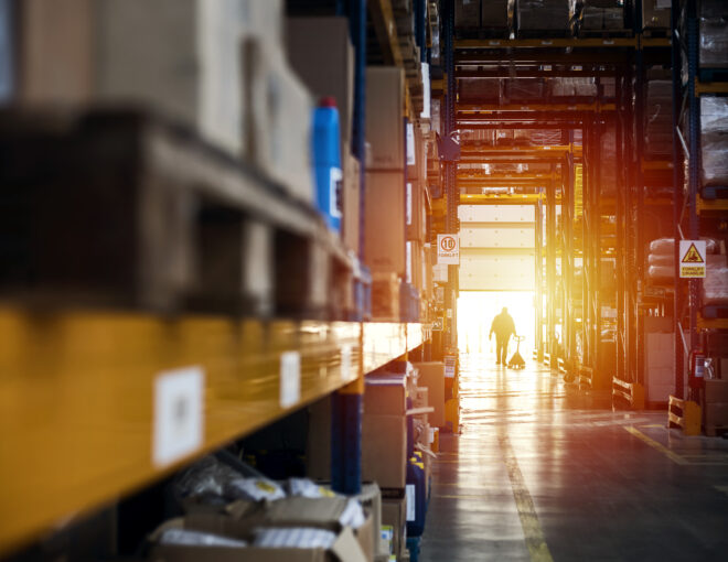 Warehouse worker transporting a forklift at sunset