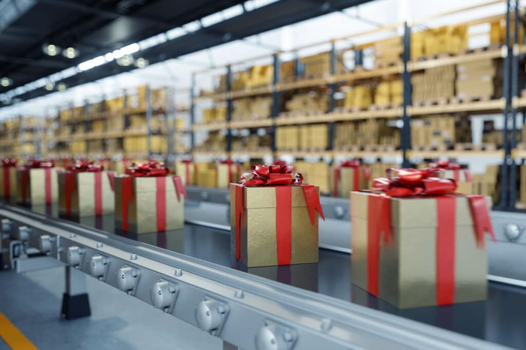 holiday packages on conveyor belt - ready to be shipped.