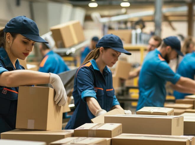 employees packing and sorting boxes in a warehouse