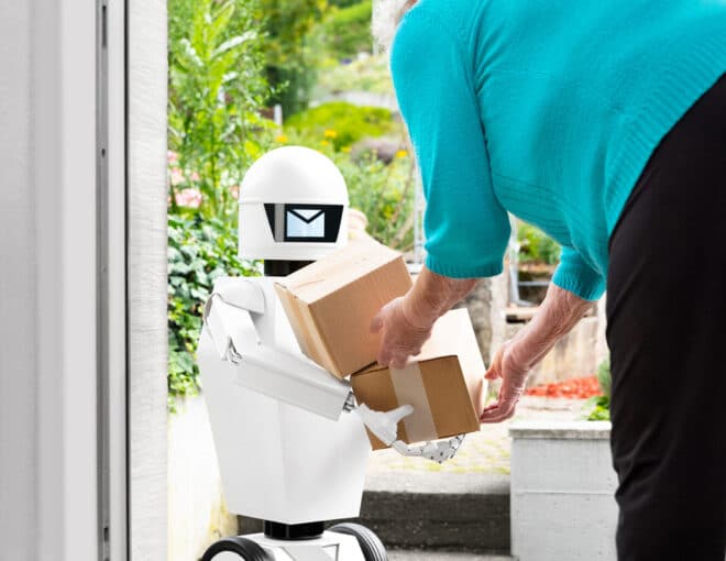 a robot delivering a package to an older customer